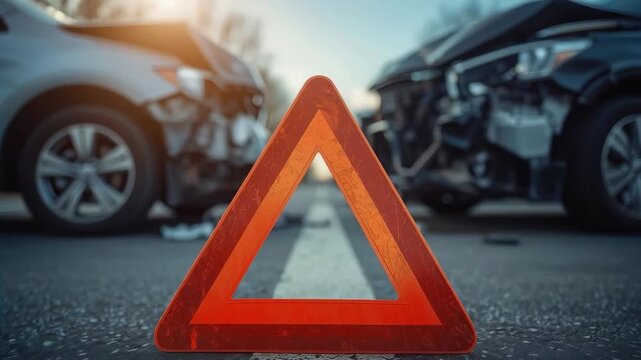 Warning triangle road between two damaged cars after collision sunset urgent safety scene road car