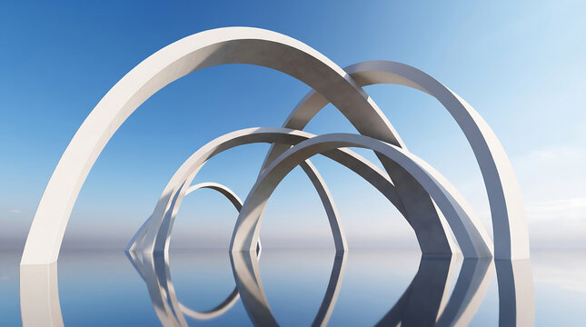White parabolic arches against blue sky. Abstract architectural structures with reflection.