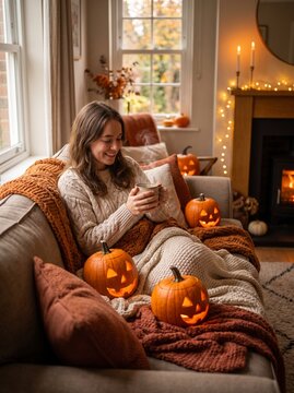 Smiling woman relaxing on a sofa with carved Halloween pumpkins, warm knitted blankets, and steaming mug in cozy living room.