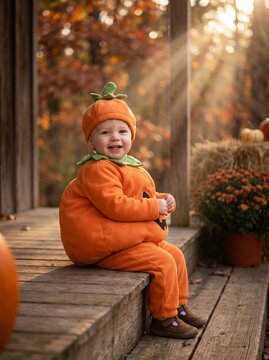 Toddler wearing orange pumpkin costume sitting on wooden porch in autumn sunlight with warm golden rays bokeh.