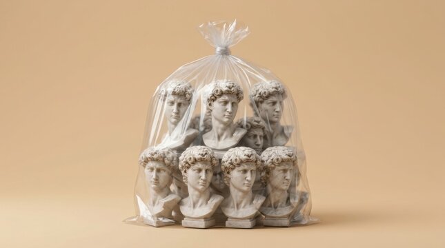 david bust sculptures in a clear plastic bag studio photography art artwork classical collection culture design display education fine-art figurative form history homedecor indoor marble-effect
