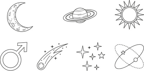 Space and Astronomy Outline Icons Set with Moon Sun Planet Stars and Meteor Vector © MSTALIFNUR