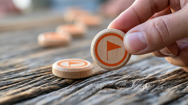 Close-up of hand placing final wooden token with flag icon completing business strategy roadmap, goal achievement journey concept, with copy space