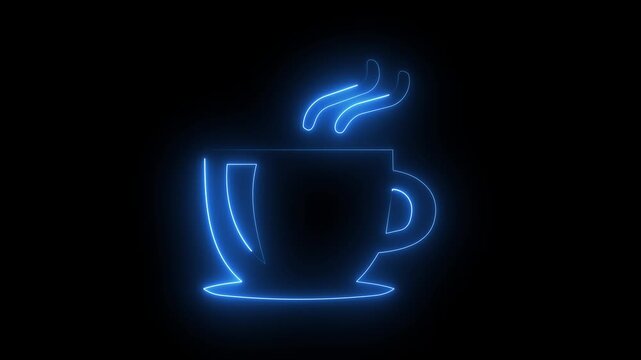 Glowing blue neon hot coffee cup icon outline with steam for cafe concept on dark black background.