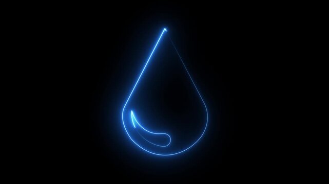 Glowing blue neon water drop icon outline for liquid and ecology concept on dark black background.