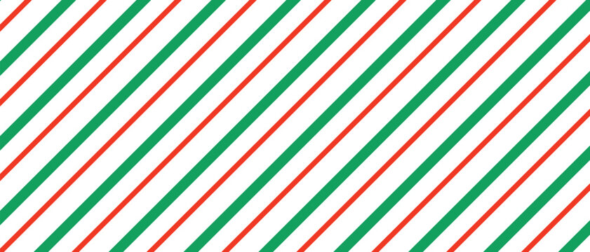 Diagonal red and green stripes cover a white background. This festive pattern evokes a candy cane holiday theme. It is suitable for Christmas wrapping paper or wallpaper.