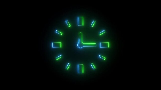 Glowing green and blue neon clock icon outline showing three o clock on dark black background.