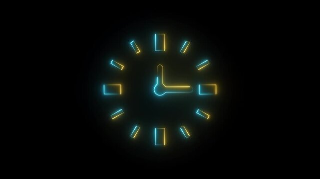 Glowing yellow and cyan neon clock icon outline showing three o clock on dark black background.