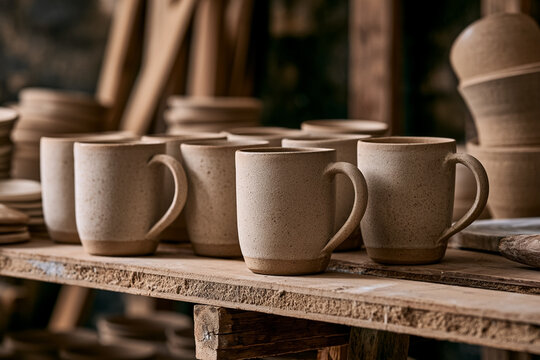 Handmade ceramic mugs on rustic wooden shelf in pottery studio. Soft natural lighting highlights artisanal texture for small business and craftsmanship marketing.