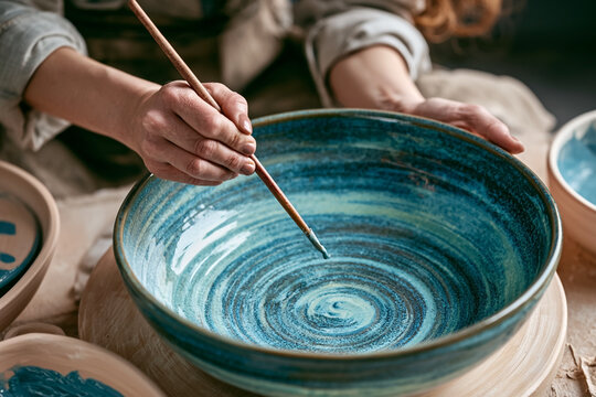 Close-up of artist painting blue ceramic bowl in studio. Soft natural light highlights artisanal process for small business, handmade crafts, and creative lifestyle marketing.