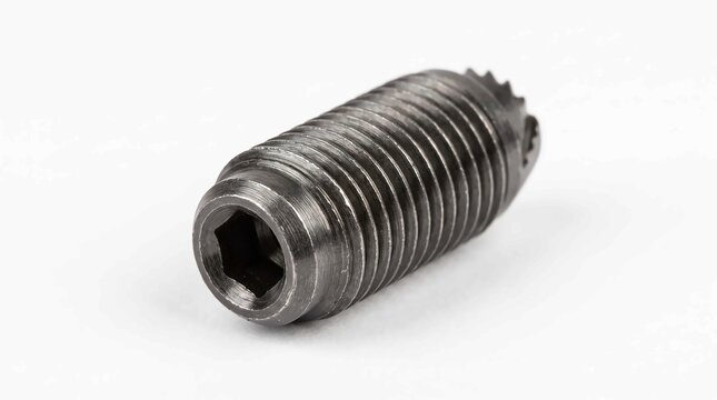 Black steel set screw with hex socket. Industrial grub screw for mechanical assembly.