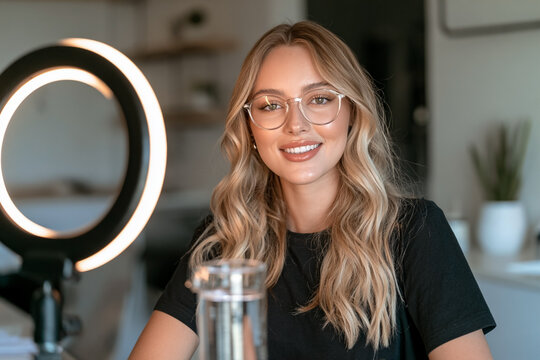 Beautiful young woman with blonde hair and stylish glasses smiling at camera in a bright home studio setting with ring light, representing professional influencer content creation and modern