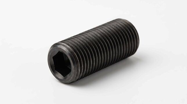 Black metal grub screw on white background. Industrial headless socket set screw macro.