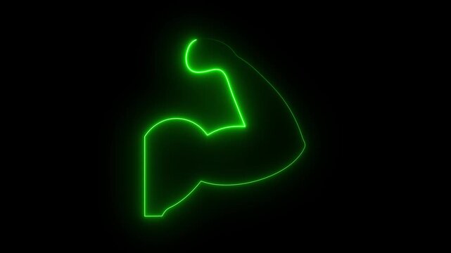 Glowing green neon muscle arm bicep icon outline fitness gym workout concept dark black background.