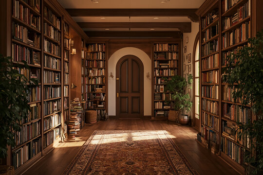 A serene and sophisticated home library interior featuring floor-to-ceiling wooden bookshelves, a classic arched doorway, and warm natural sunlight streaming across a vintage rug, perfect for