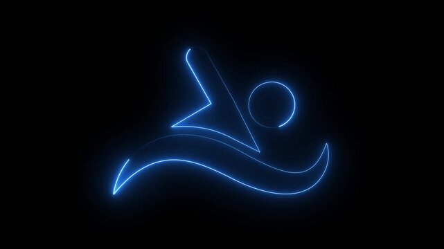 Glowing blue neon swimming icon outline sports activity water concept dark black background.