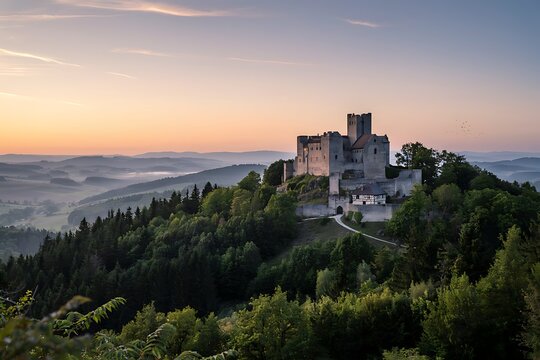 Ancient Stone Fortress on Hill surrounded by Forest at Golden Hour