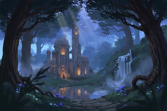 Enchanted Forest Castle with Waterfall Glow and Glowing Mushrooms