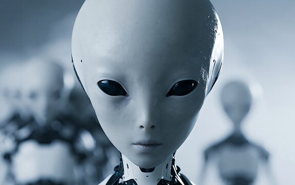 Close-up portrait of a grey alien with large black eyes standing with others in a sci-fi setting