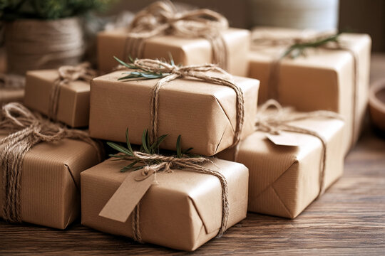 Stack of rustic eco-friendly gift boxes wrapped in brown craft paper with twine, rosemary sprigs and blank tags on a wooden table, perfect for sustainable holiday shopping and seasonal gifting.