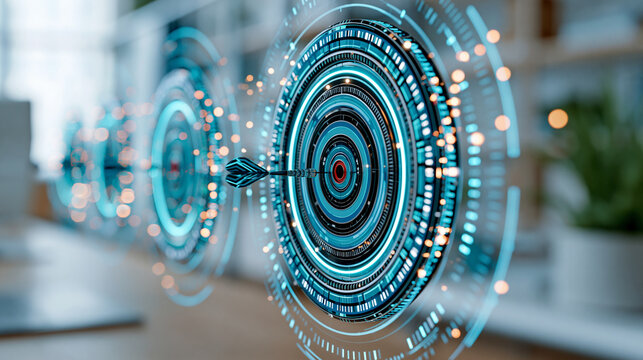 Digital target alignment interface representing organizational success through strategic goal setting, defocused office background, with copy space