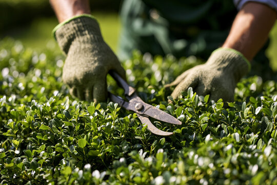 Close-up of a gardener hands wearing protective gloves trimming a green hedge with sharp shears in a sunny garden, representing professional landscaping, spring maintenance, and sustainable