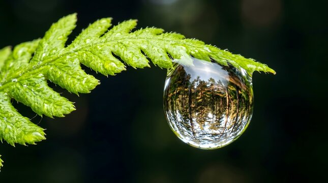 Macro water drop hanging from green fern leaf, crystal clear dewdrop reflecting forest trees on plant branch, pure liquid sphere on botanical foliage, natural moisture and ecology background.