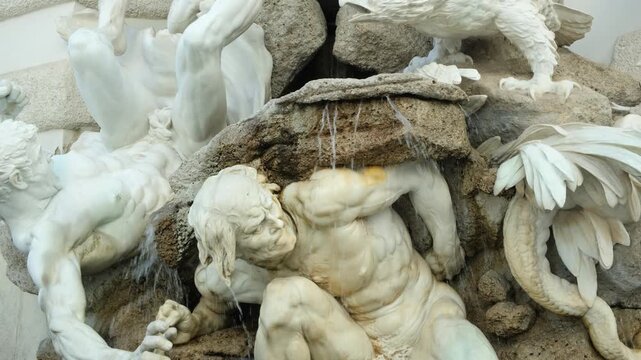 Close-up of monumental stone fountain statues at Michaelerplatz.