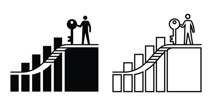 Conceptual illustration showing a person standing on top of a growth bar chart holding a golden key