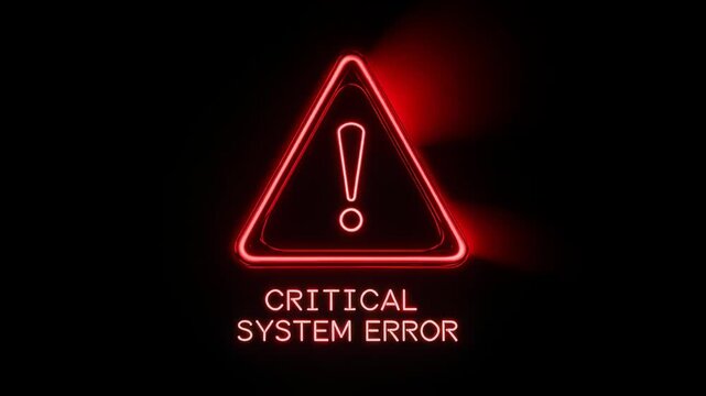 Red Neon Warning Signs with Exclamation Marks and 'Critical System Error' Text Pulsing Slowly in Darkness