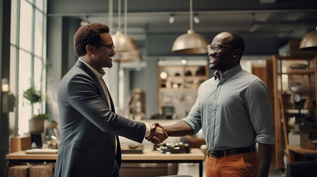 Handshake Agreement: Two businessmen of diverse ethnicity solidify a partnership with a firm handshake, sealing a deal within a modern office space, signifying trust and mutual respect.
