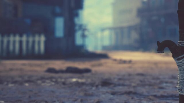 A man walks on a dusty street in an old town. Buildings surround him as morning light brightens the scene. The street is empty aside from the man and some scattered debris.