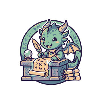 Cute dragon scholar writing on scroll in mystical frame.