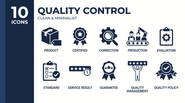 Quality control icons set: ten vector concepts for standard, service, repair, guarantee, evaluation, production, and inspection in QA/QC and manufacturing workflows
