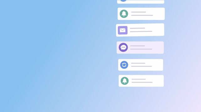 Animated Message Notifications On Blue Gradient Background. Modern Motion Graphic with Multiple Message, Email, Alert, Chat, And Synchronization Notifications Cards Pop ups In A Vertical Sequence. 