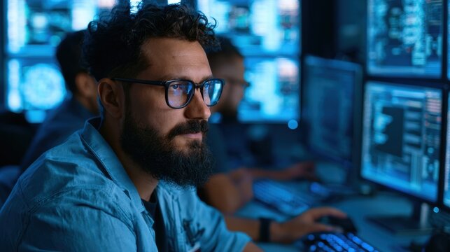 Focused man with beard and glasses working on computer coding in dark room with multiple screens and technology background at night