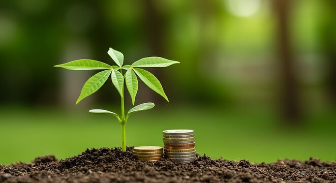 Money Tree Sprout with Coins on Soil, Symbolizing Financial Growth and Investment