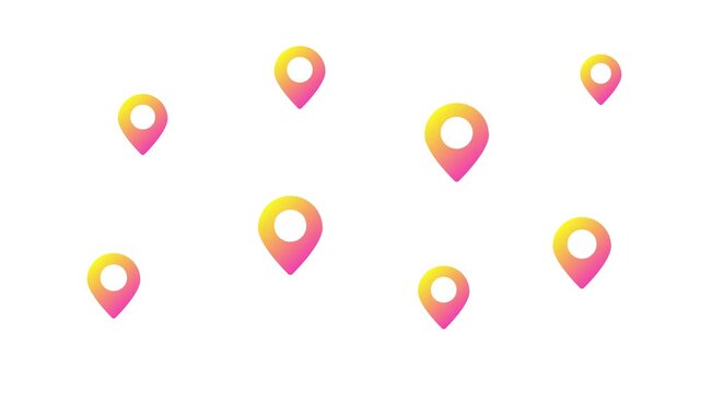 Scattered array of vibrant gradient map pin location markers, symbolizing digital navigation, destination pinpointing, and geographical data presentation