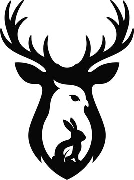 Minimalist deer head silhouette logo with hidden owl and rabbit