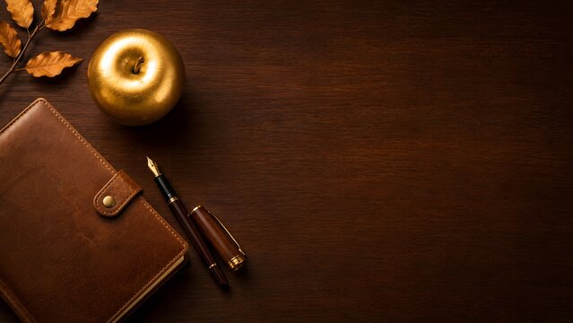 Vintage leather notebook with fountain pen and golden apple, elegant dark wood desk background, luxury academic workspace with copy space