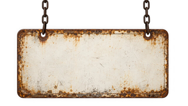 Old rusty metal sign hanging on two chains isolated on transparent background