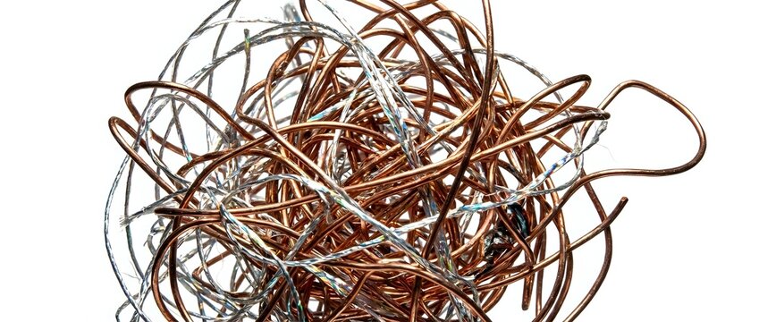 Tangled copper wire and metal strands in chaotic arrangement, representing confusion, complexity, or electrical concepts for design and industrial projects.