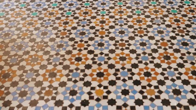 Colorful Moroccan Mosaic Tile Floor With Geometric Islamic Pattern and Traditional Zellige Design