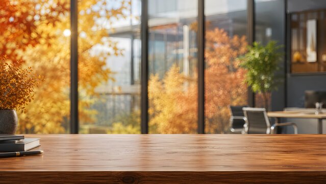 Empty wooden table top in modern office, blurred workspace background with autumn trees, warm natural sunlight on wood surface