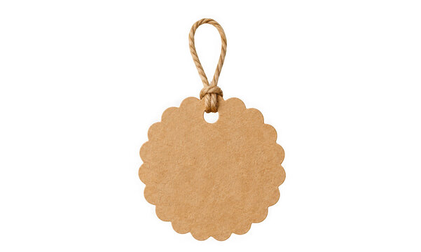 Blank round scalloped edge kraft paper gift tag with twine string isolated on transparent background