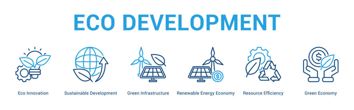Eco Development web banner icon concept,  with Eco Innovation, Sustainable Development, Green Infrastructure, Renewable Energy Economy, Resource Efficiency, Green E.