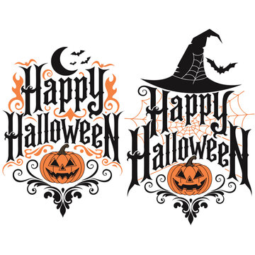 Set of two happy halloween designs with pumpkins, witch hat, bats, and decorative swirls