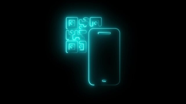 glowing neon QR code scanning icon with smartphone on black background. scanning code icon. payment, mobile payment, purchase, QR code, barcode, scanning icon for your app and web. 4k video animation
