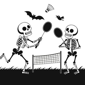 Two skeletons playing badminton with a shuttlecock and a bat flying nearby