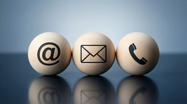 Three wooden balls with email, phone, and at symbols representing contact methods on reflective surface